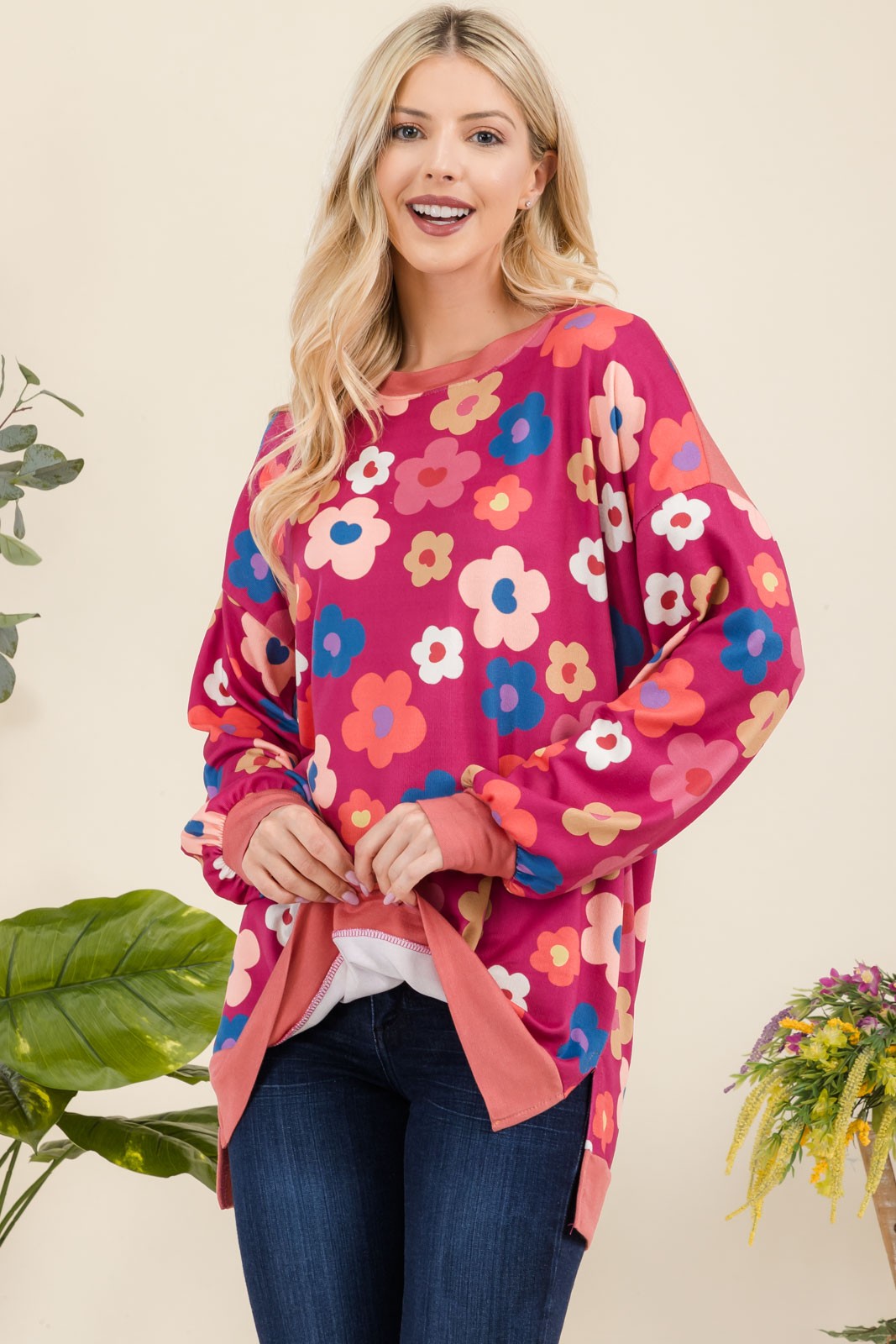 Celeste Full Size Side Slit Flower Print Long Sleeve Top - Smart Shopper