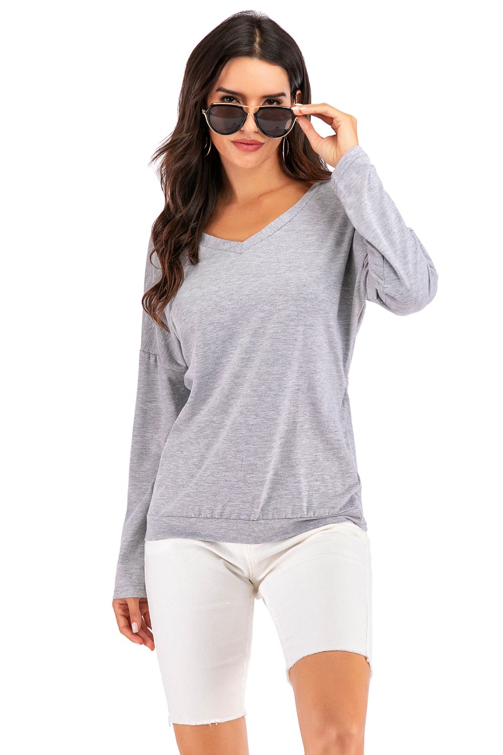 Perfee V-Neck Drop Shoulder Open Back Sweatshirt - Smart Shopper