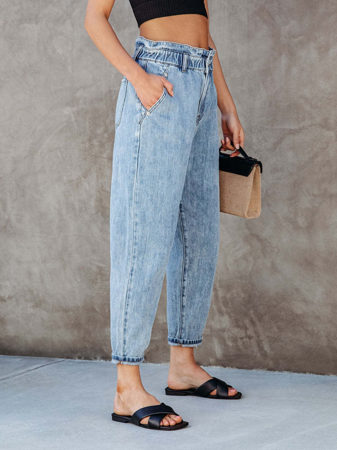 Washed Paperbag Waist Cropped Jeans - Smart Shopper