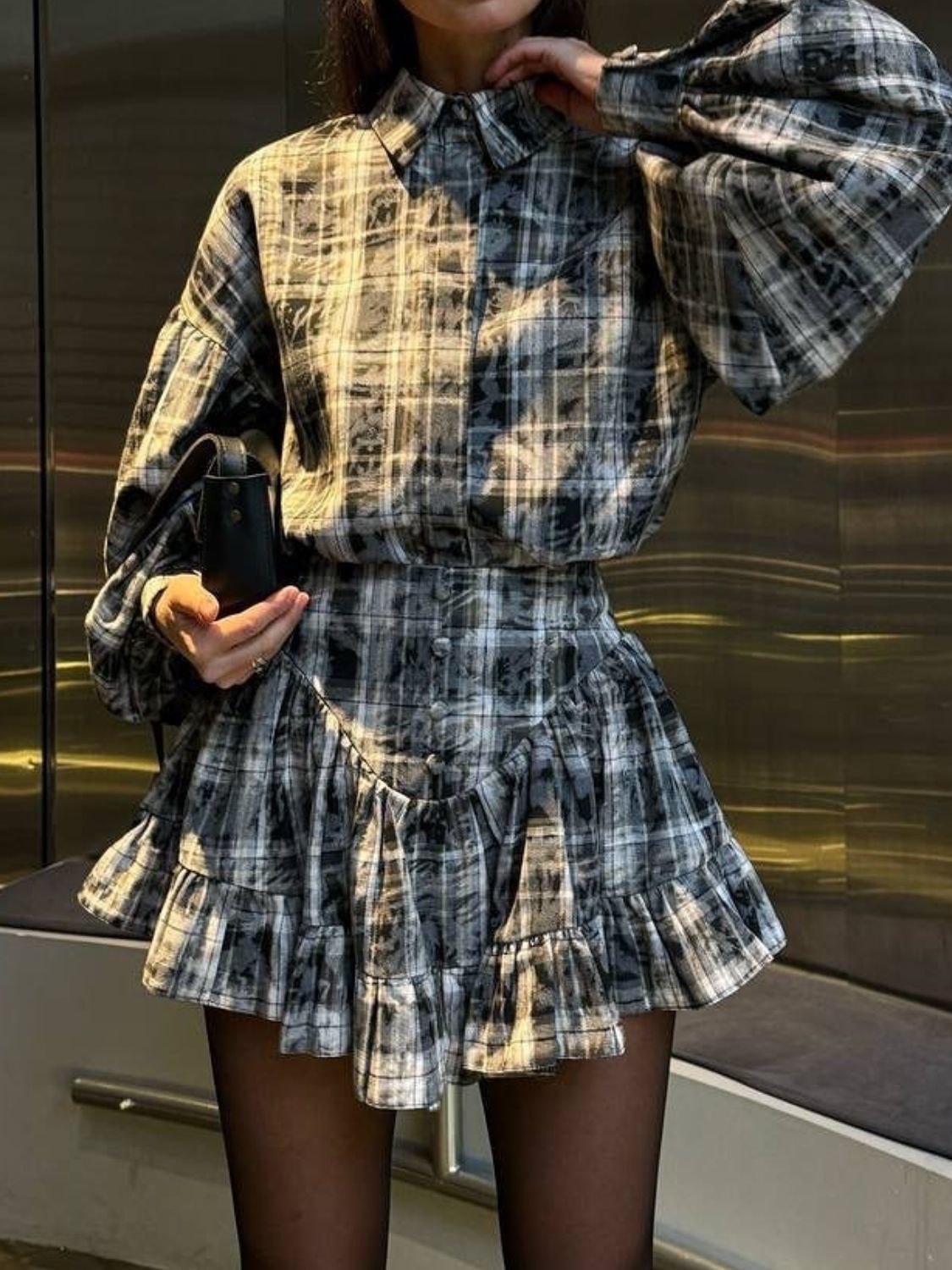 Lantern Sleeve Shirt and Ruffled Skirt Set - Smart Shopper