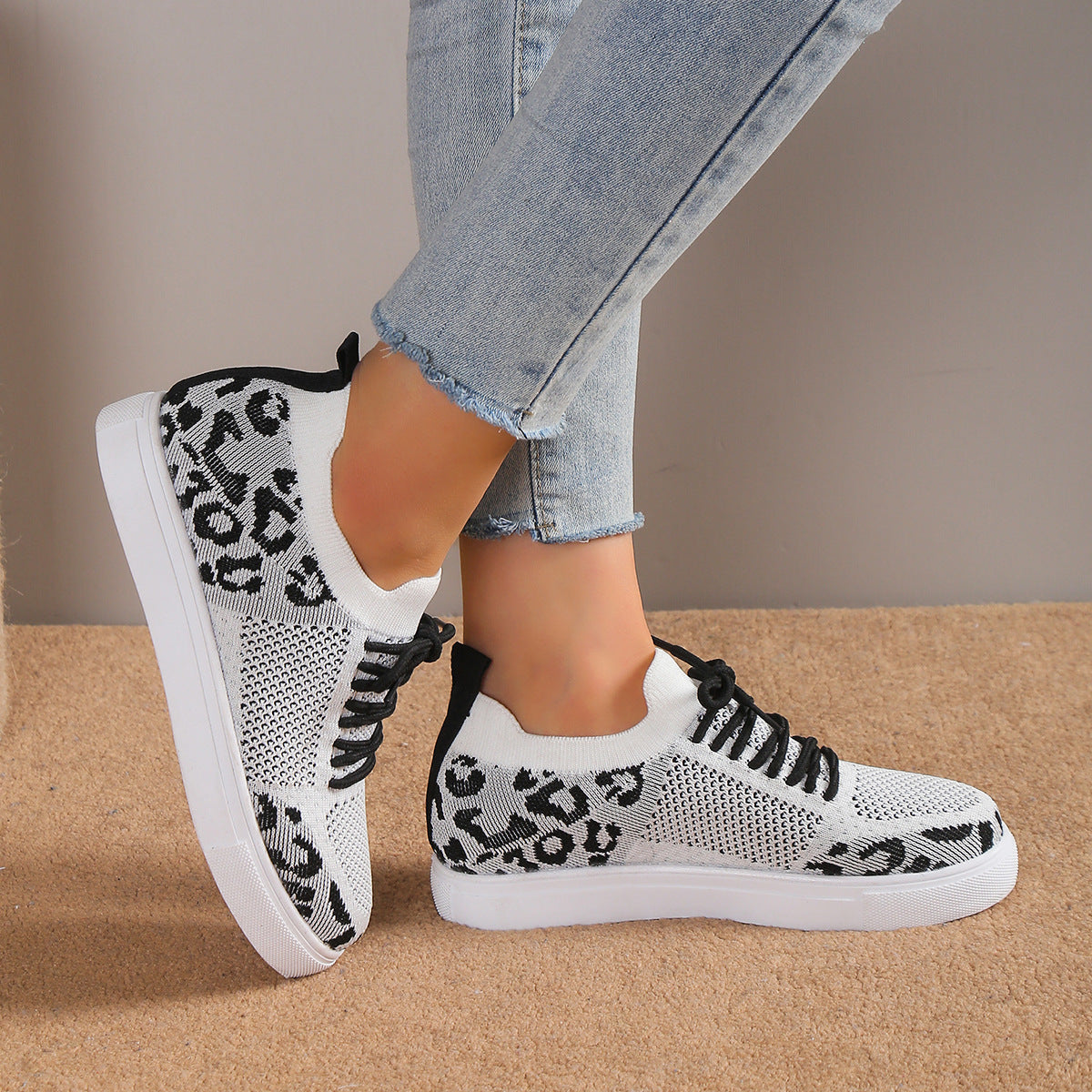 Lace-Up Leopard Flat Sneakers - Smart Shopper