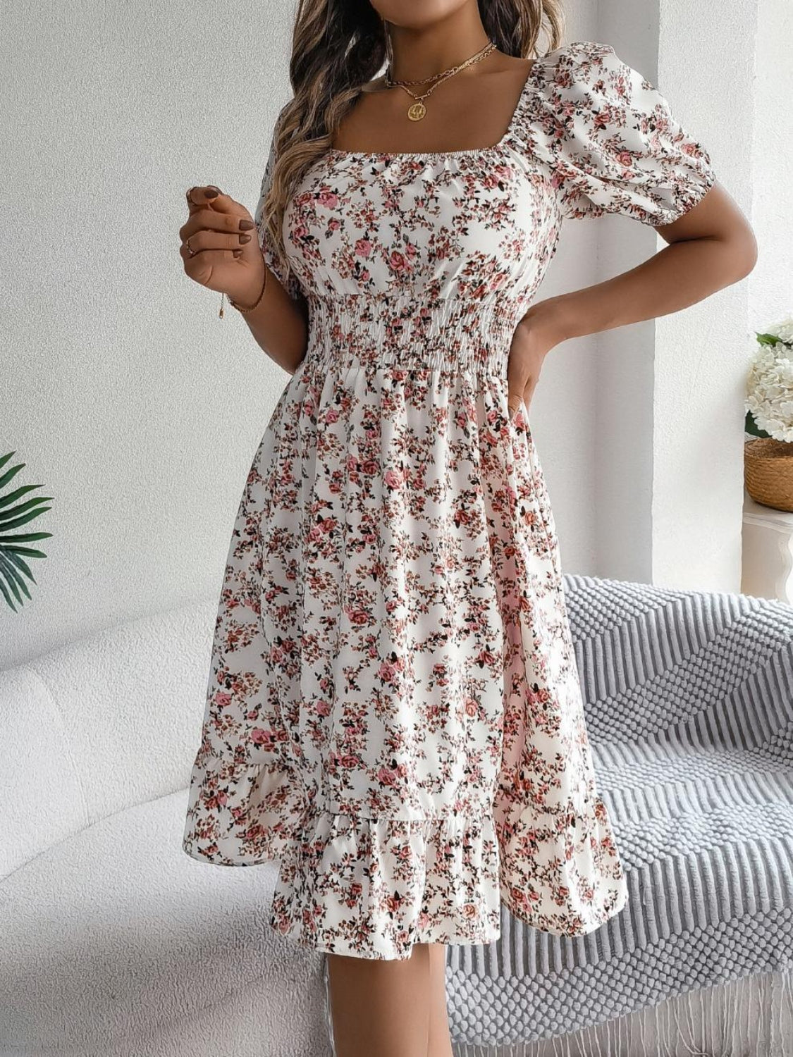 Ruffled Hem Smocked Printed Puff Sleeve Dress - Smart Shopper