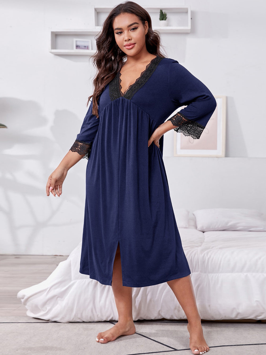 Plus Size Lace Detail V-Neck Lounge Dress - Smart Shopper