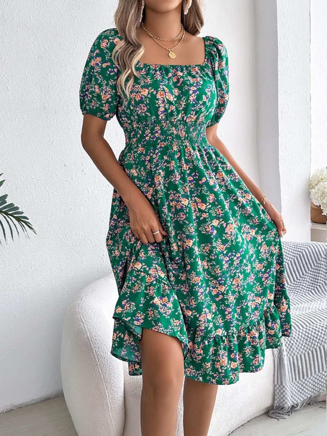 Ruffled Hem Smocked Printed Puff Sleeve Dress - Smart Shopper