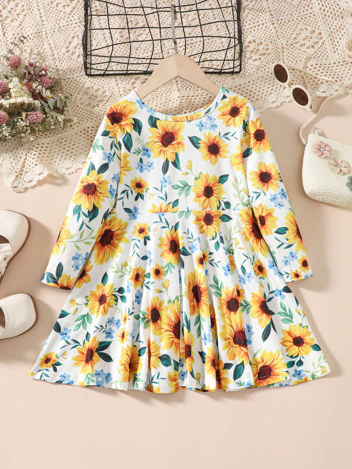 Kids Sunflower Print Round Neck Long Sleeve Dress - Smart Shopper