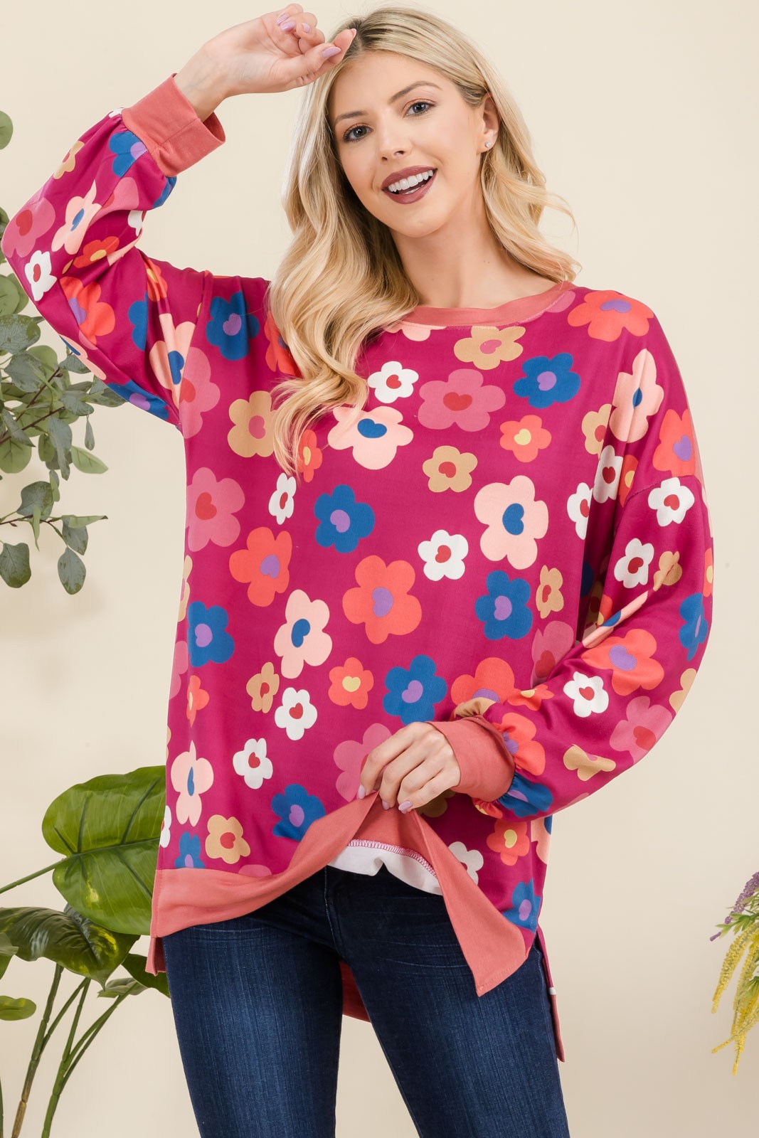 Celeste Full Size Side Slit Flower Print Long Sleeve Top - Smart Shopper