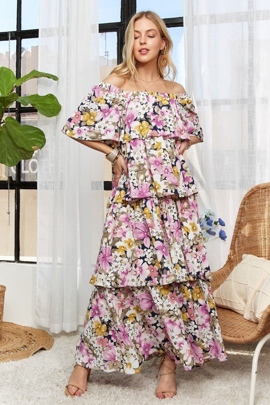 ADORA Layered Floral Off-Shoulder Short Sleeve Maxi Dress - Smart Shopper