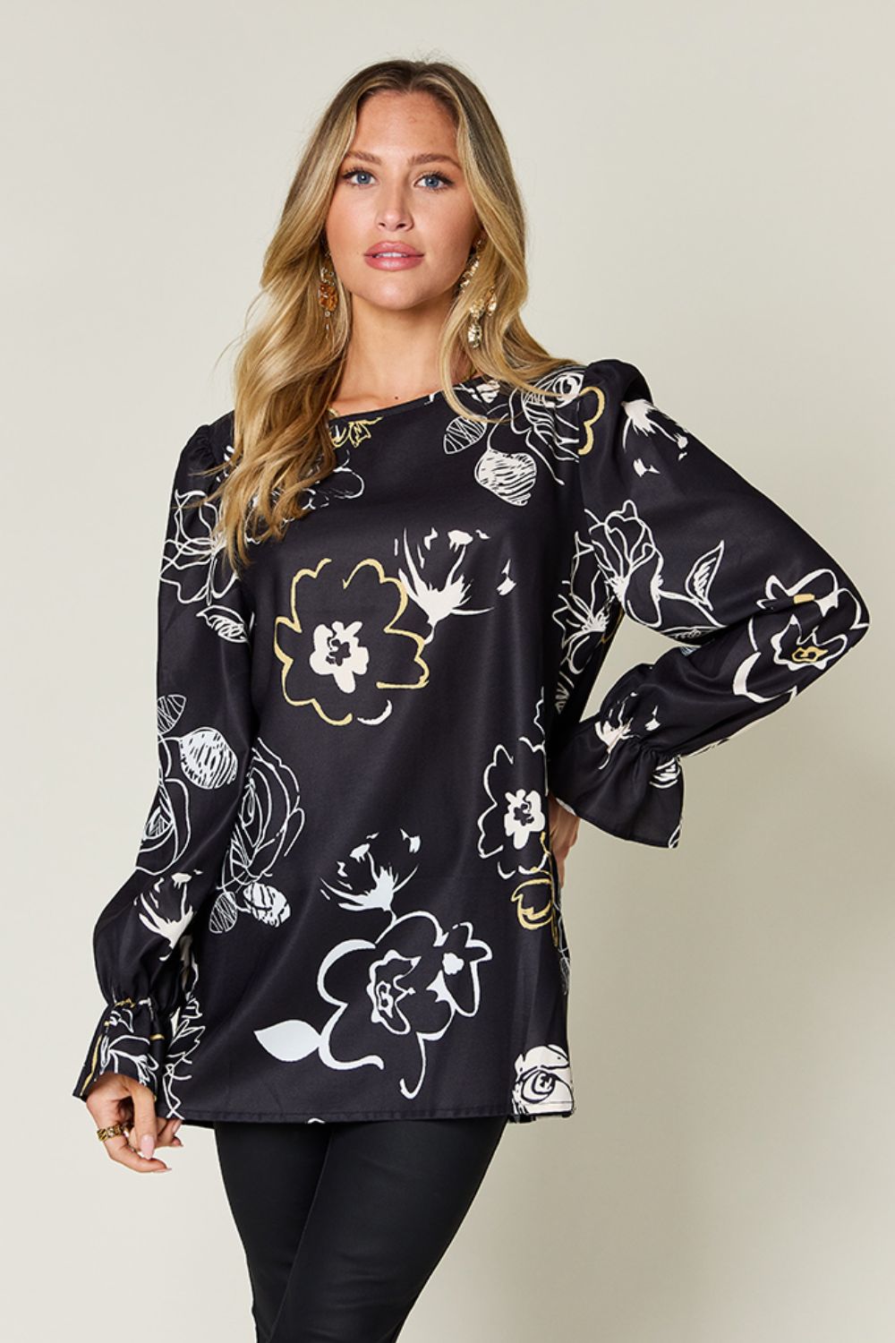 Double Take Full Size Printed Flounce Sleeve Blouse - Smart Shopper