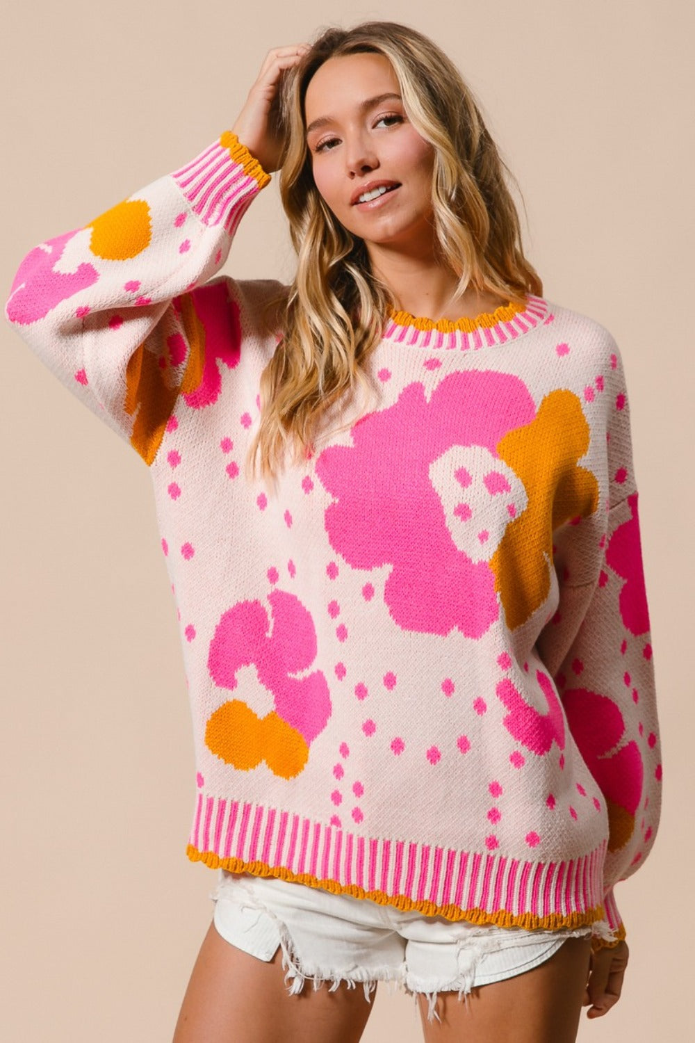 BiBi Flower Pattern Contrast Sweater - Smart Shopper