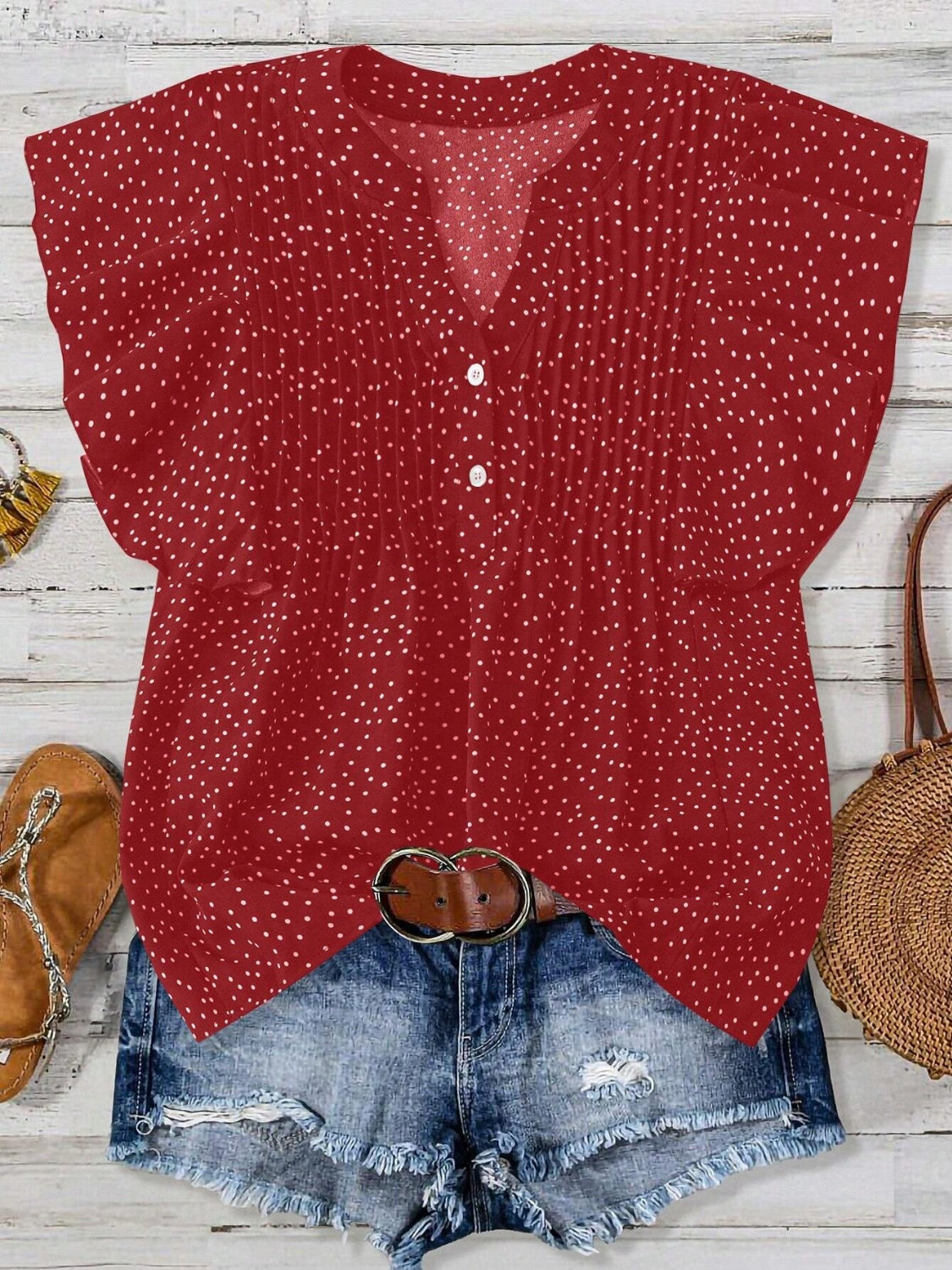 Polka Dot Notched Ruffled Cap Sleeve Blouse - Smart Shopper