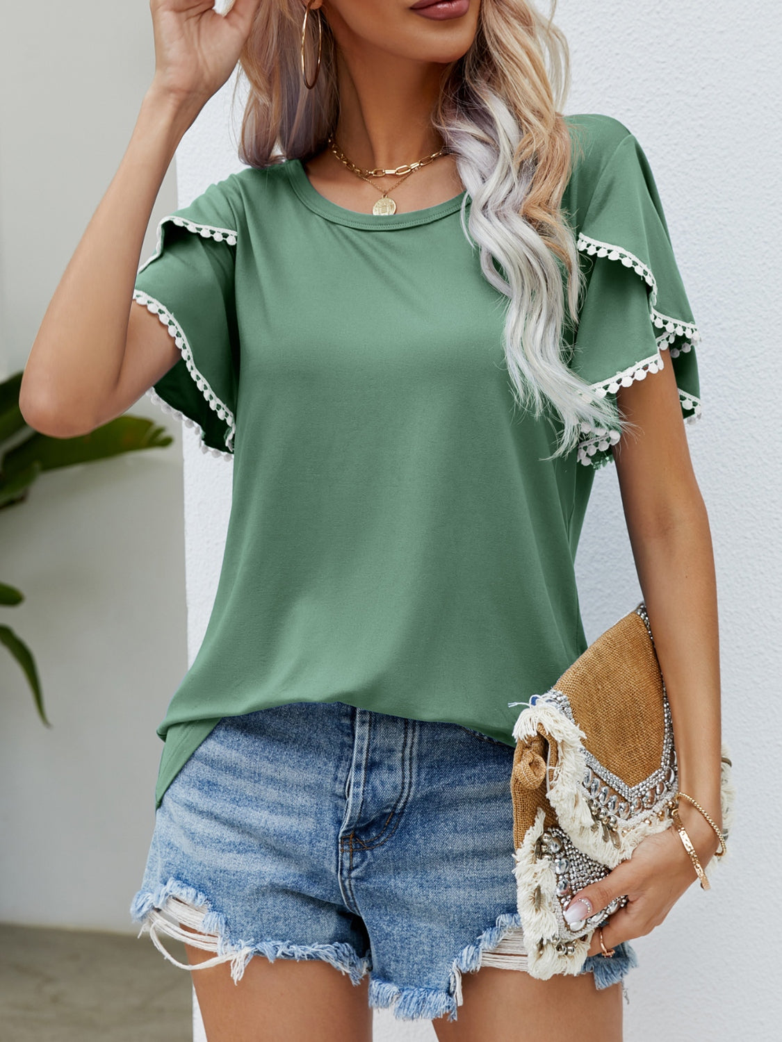 Pom-Pom Trim Flutter Sleeve Round Neck T-Shirt - Smart Shopper