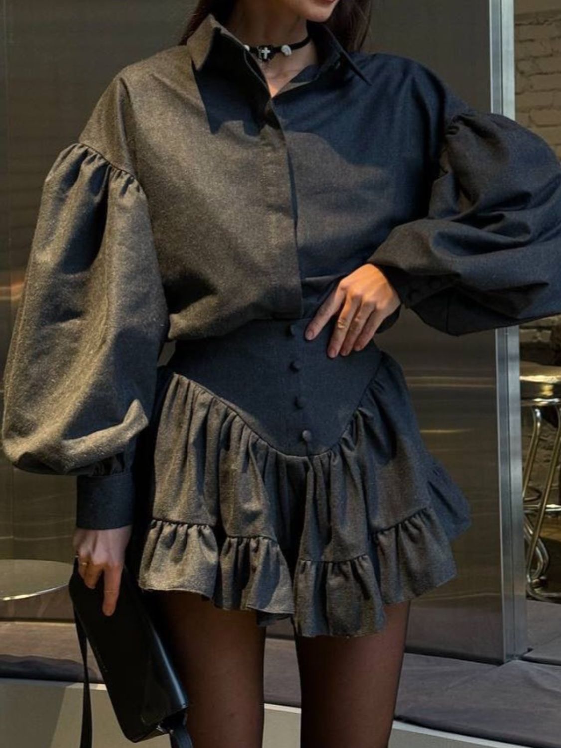 Lantern Sleeve Shirt and Ruffled Skirt Set - Smart Shopper