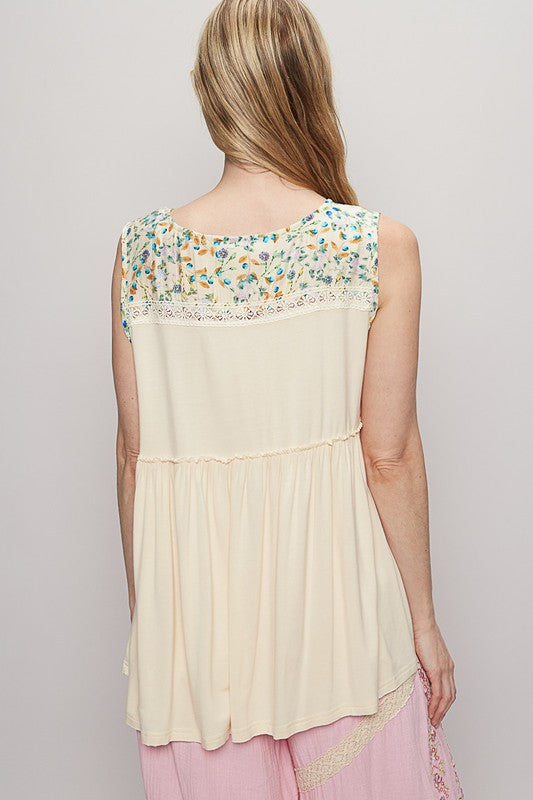 POL Lace Detail Frill Floral V-Neck Sleeveless Top - Smart Shopper