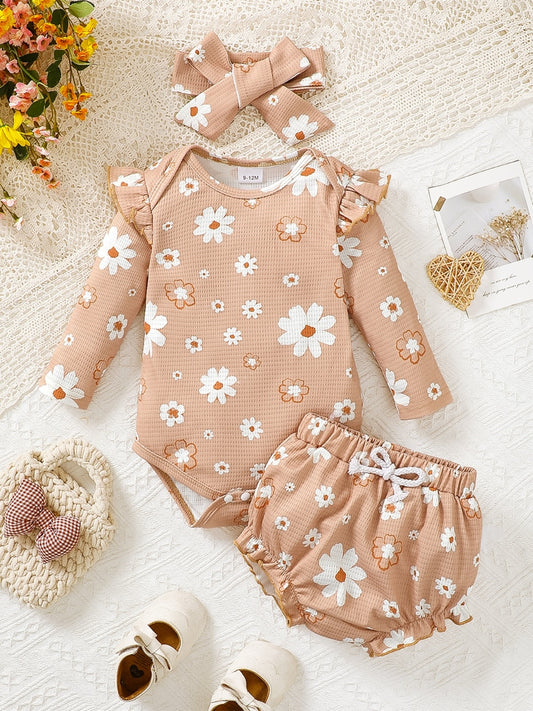 Children's Ruffled Floral Bodysuit and Bloomer, Headband Set - Smart Shopper