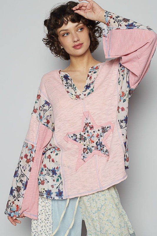 POL Floral Stud Detail Star Patch Notched Long Sleeve T-Shirt - Smart Shopper