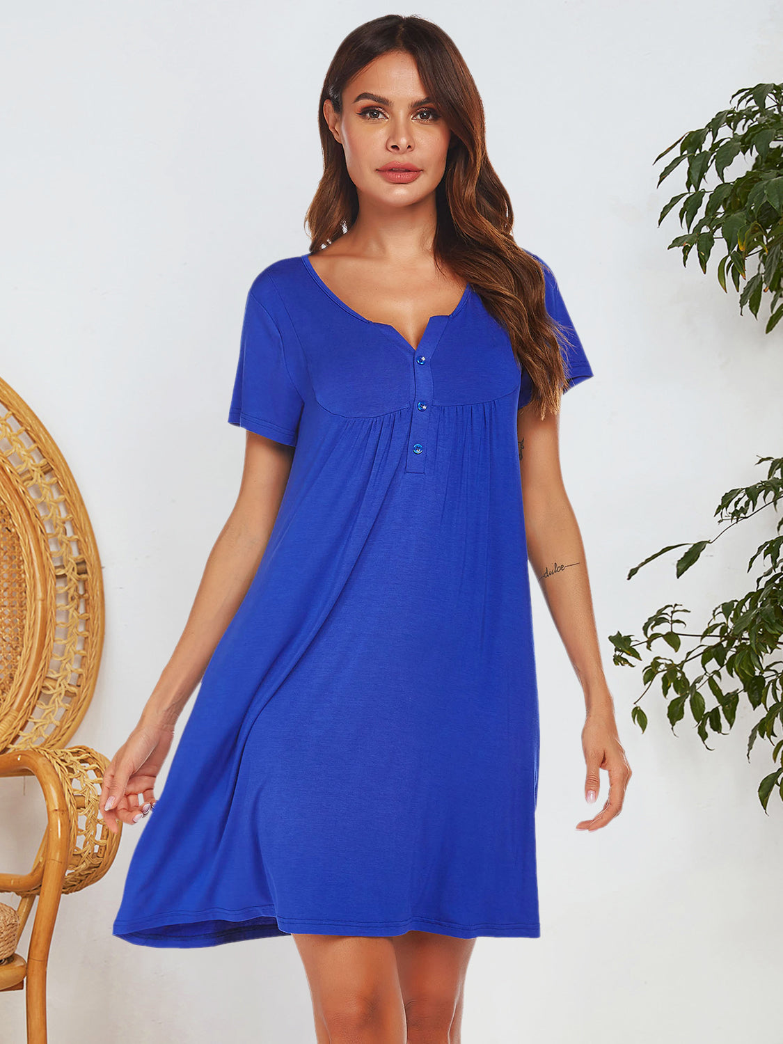 Notched Short Sleeve Mini Lounge Dress - Smart Shopper