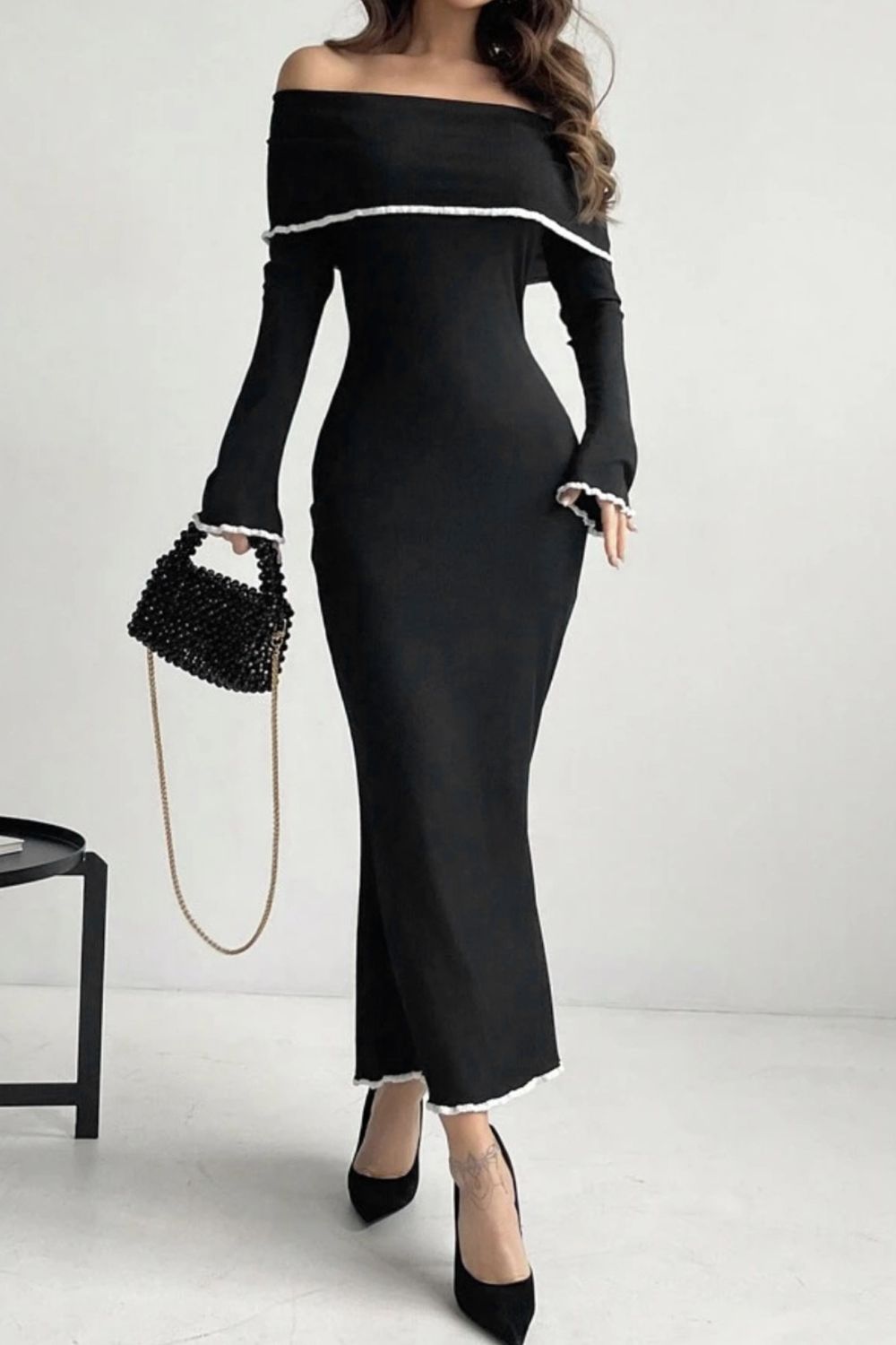 Contrast Trim Off-Shoulder Long Sleeve Maxi Sweater Dress - Smart Shopper