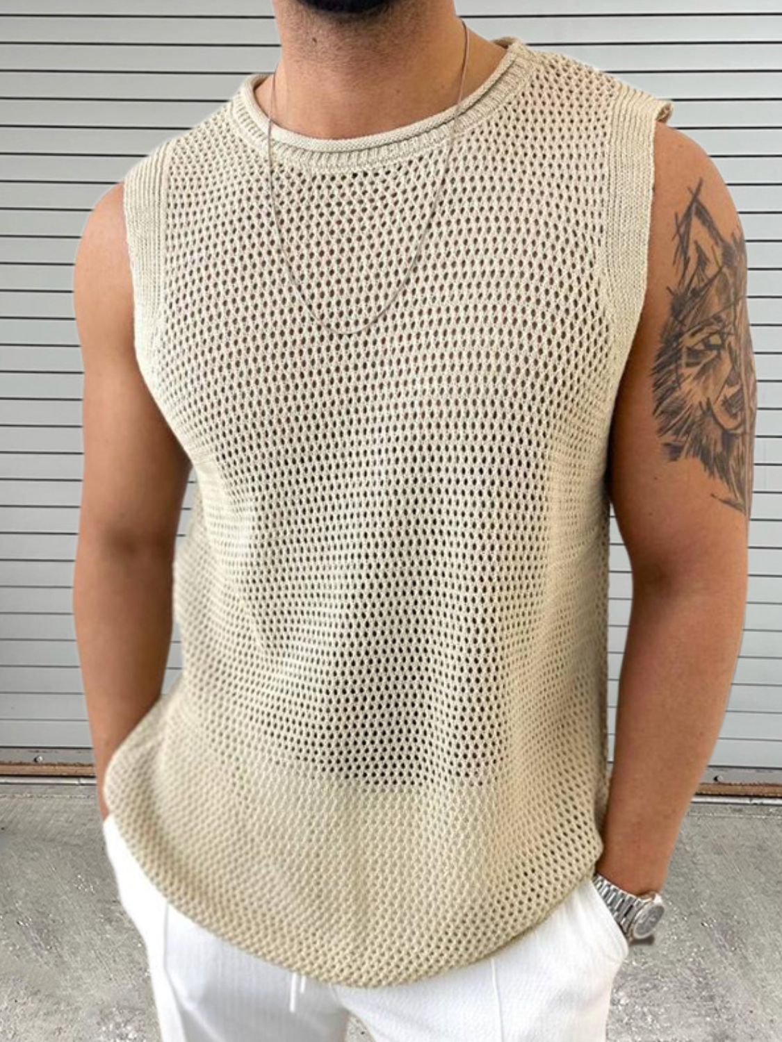 Men's Openwork Round Neck Sleeveless Knit Top - Smart Shopper