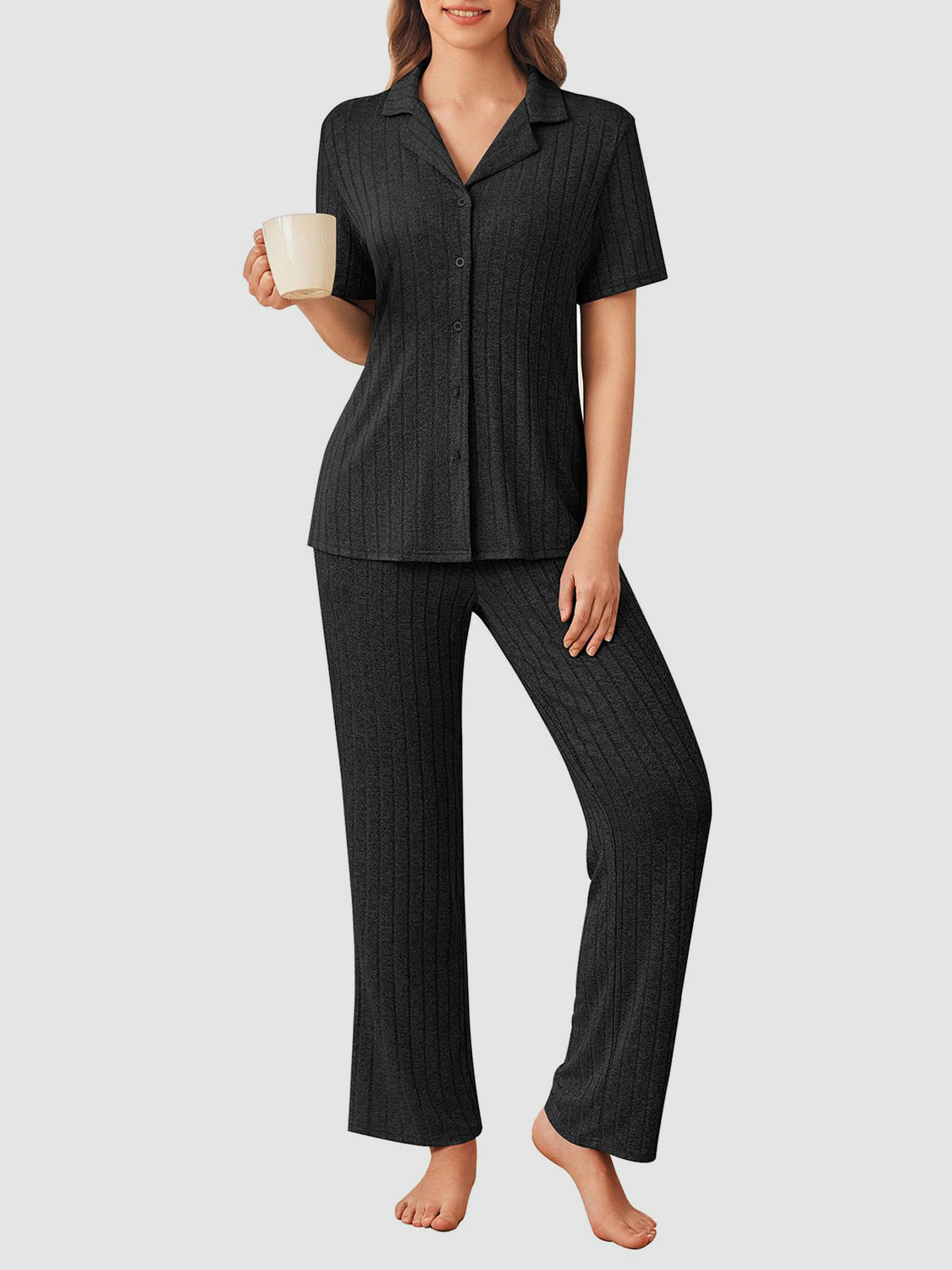 Button Down Long Sleeve Top and Pants Lounge Set - Smart Shopper