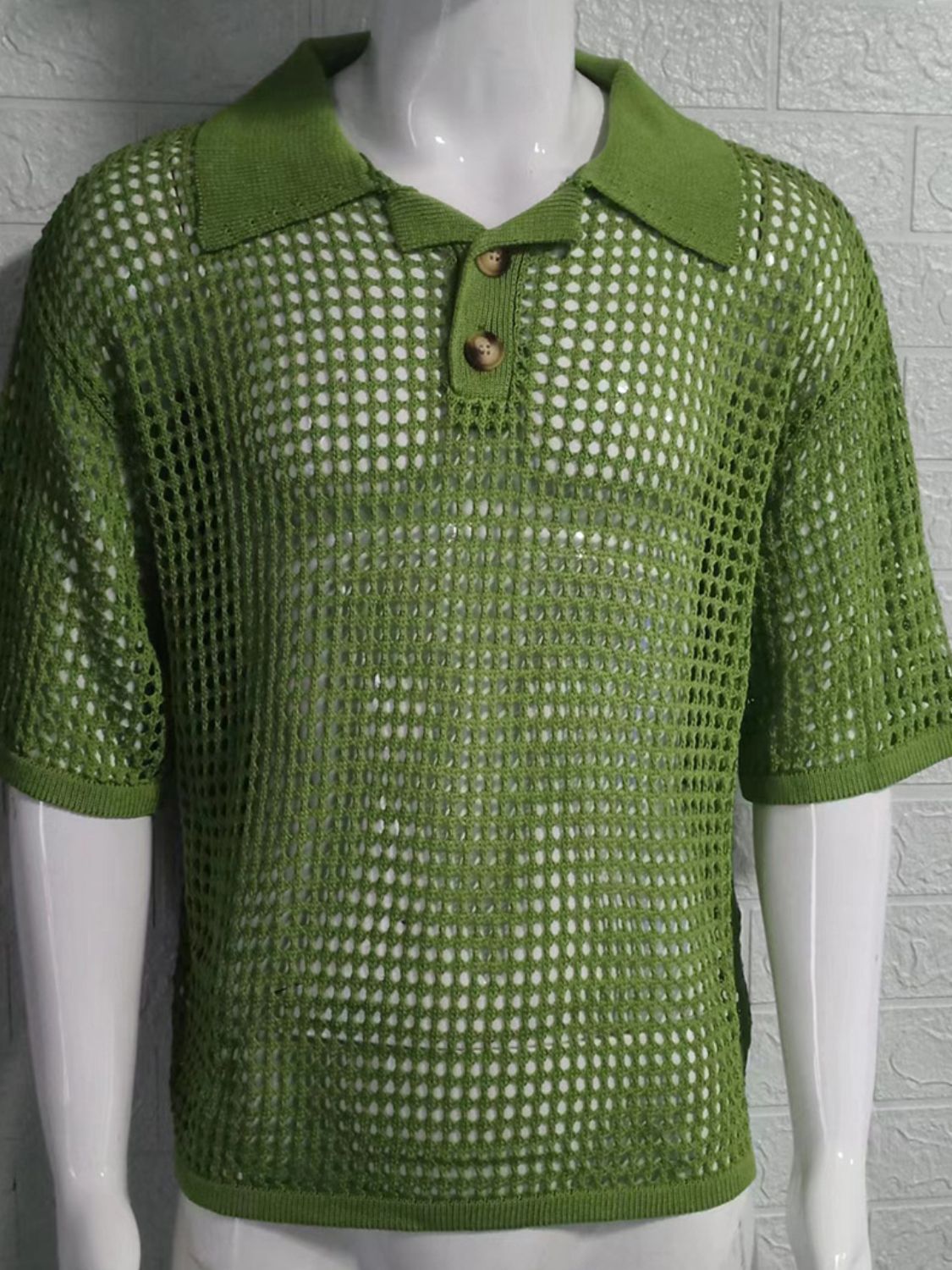 Men's Plus Size Openwork Collared Neck Quarter Button Knit Polo - Smart Shopper