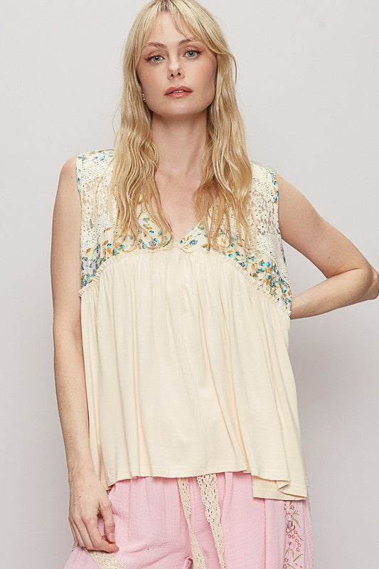 POL Lace Detail Frill Floral V-Neck Sleeveless Top - Smart Shopper