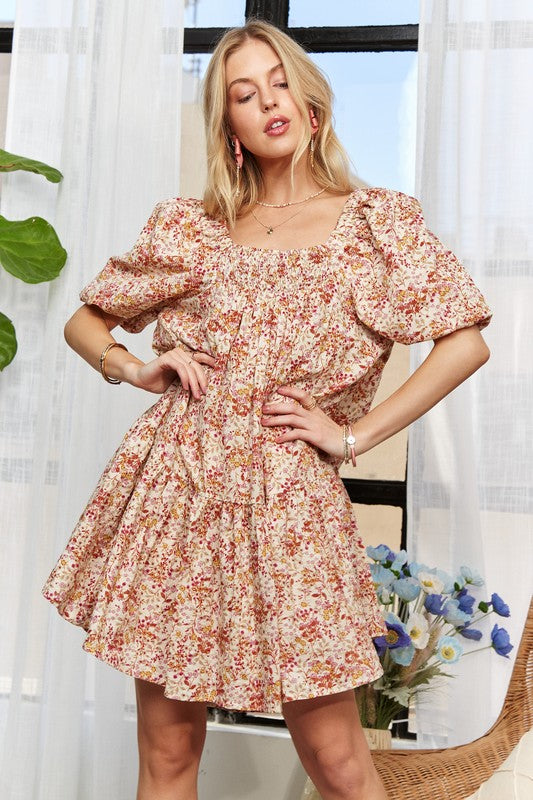 ADORA Floral Square Neck Puff Sleeve Dress - Smart Shopper