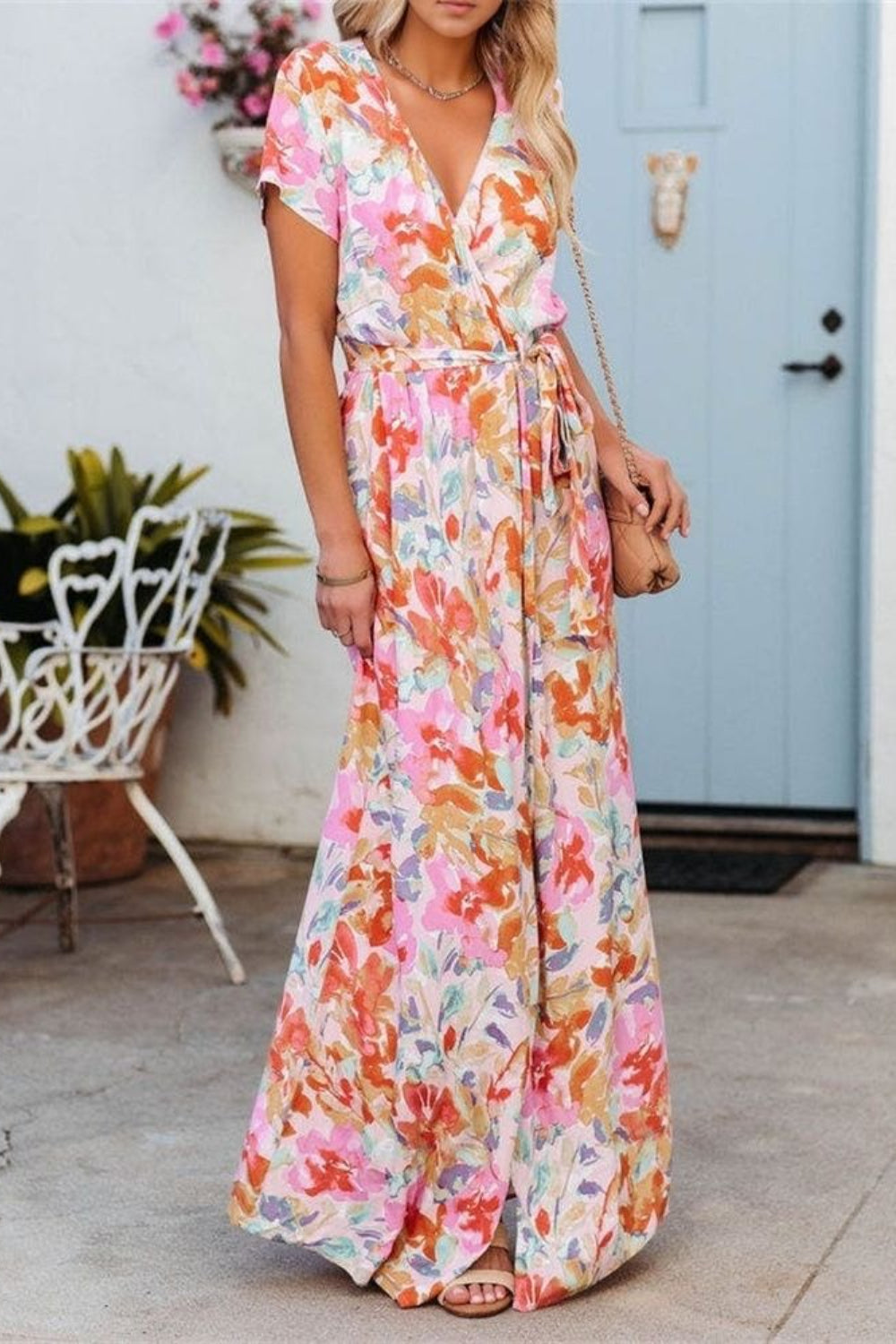 Printed Surplice Short Sleeve Tie Waist Maxi Dress - Smart Shopper