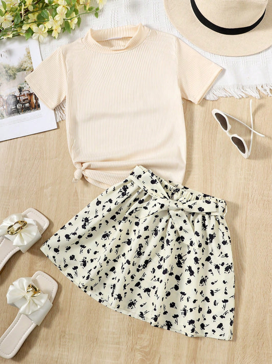 Children's Ribbed T-Shirt and Contrast Floral Skirt Set - Smart Shopper