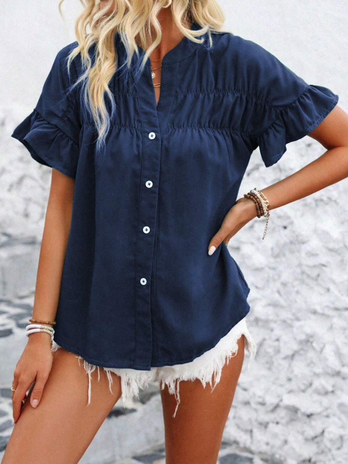 Button Down Ruffled Short Sleeve Shirt - Smart Shopper