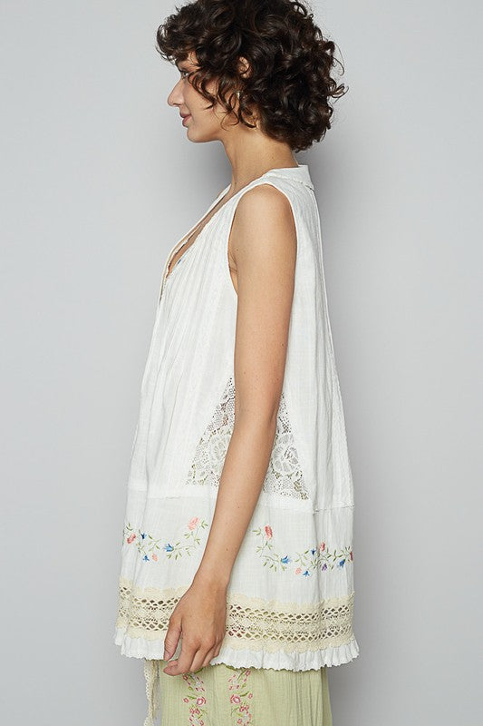 POL Embroidered Lace Detail V-Neck Sleeveless Top - Smart Shopper