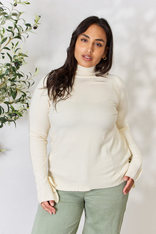 Heimish Full Size Ribbed Bow Detail Long Sleeve Turtleneck Knit Top - Smart Shopper