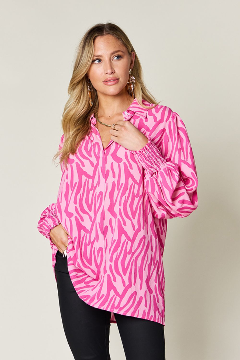 Double Take Full Size Printed Smocked Long Sleeve Blouse - Smart Shopper