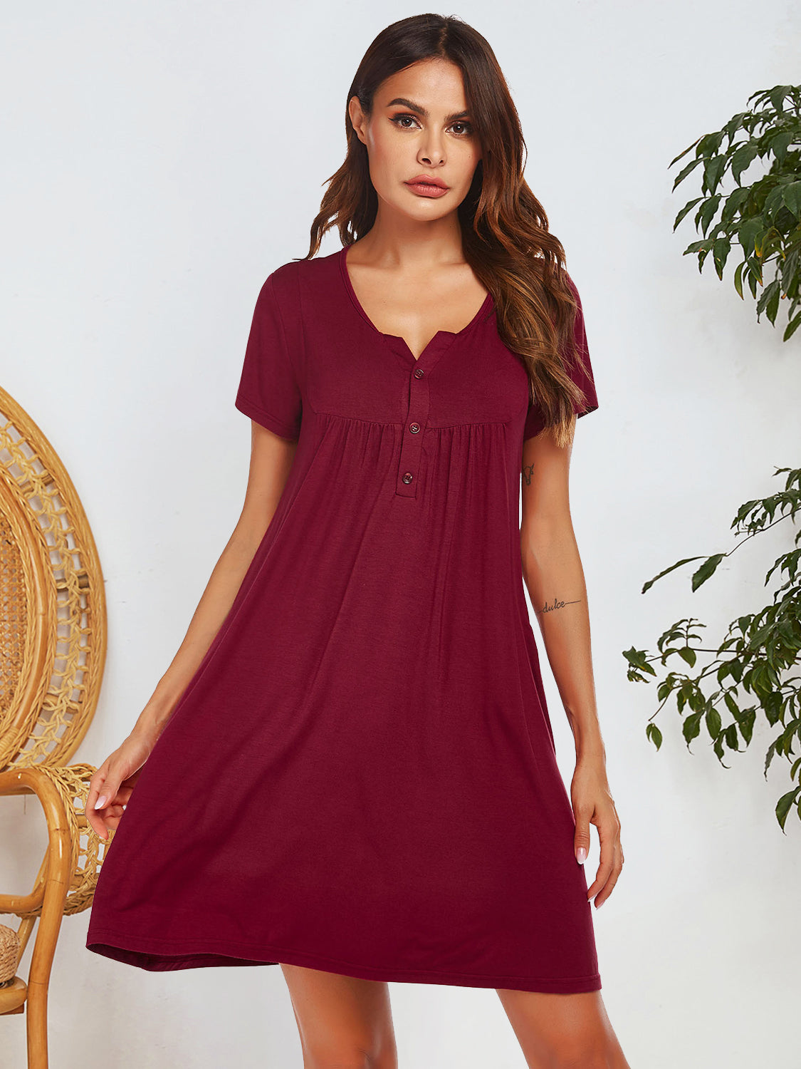 Notched Short Sleeve Mini Lounge Dress - Smart Shopper