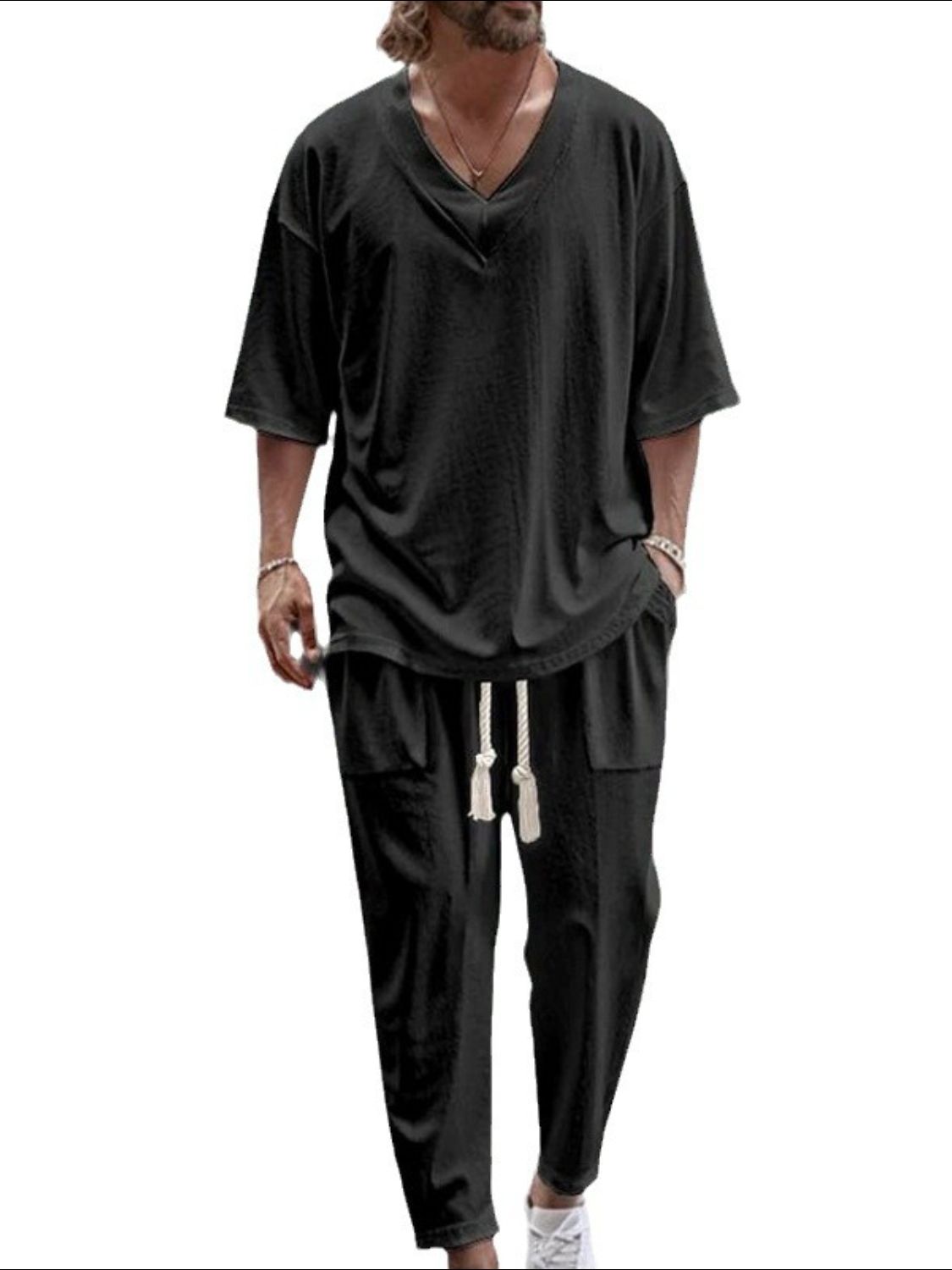 Men's Plus Size V-Neck Half Sleeve Top and Pants Set - Smart Shopper