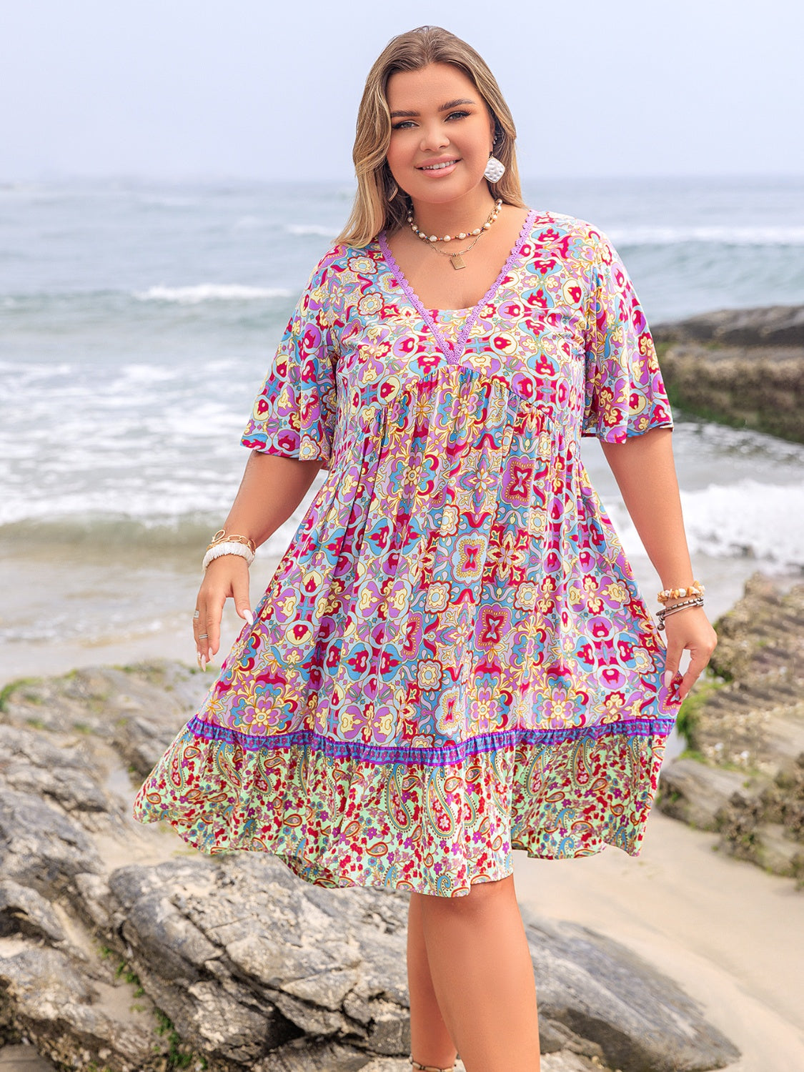 Plus Size Lace Detail Printed Half Sleeve Dress - Smart Shopper