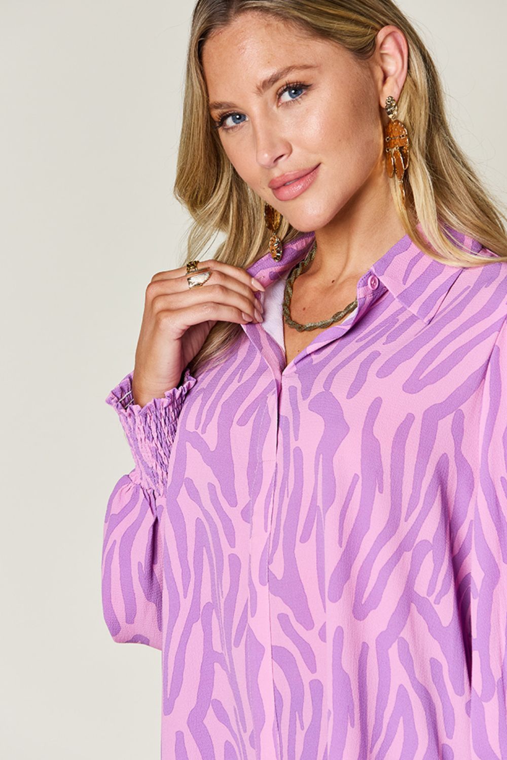 Double Take Full Size Printed Smocked Long Sleeve Blouse - Smart Shopper