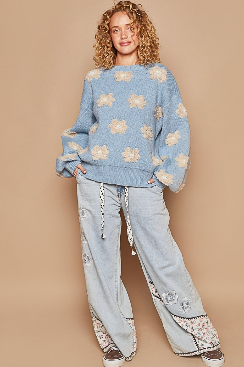 POL Daisy Pattern Drop Shoulder Sweater - Smart Shopper