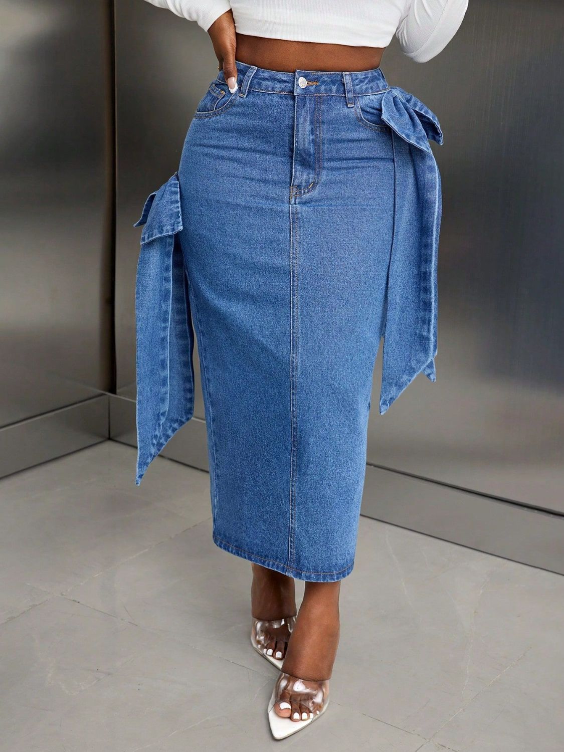 Bow Slit Back Denim Skirt - Smart Shopper