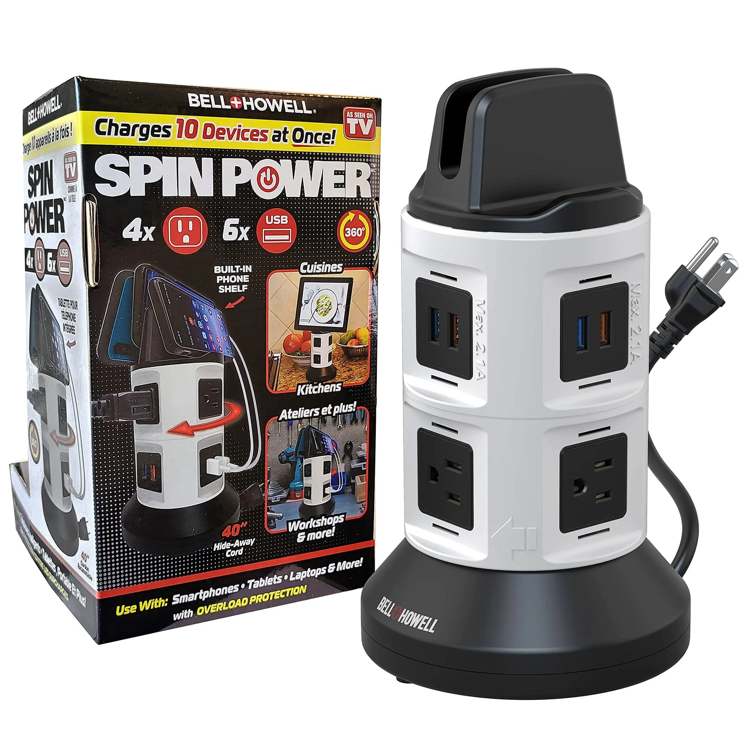 Bell+Howell 360° Spin Surge Protector - 4 Plug & 6 USB Rotating Power Tower - Smart Shopper