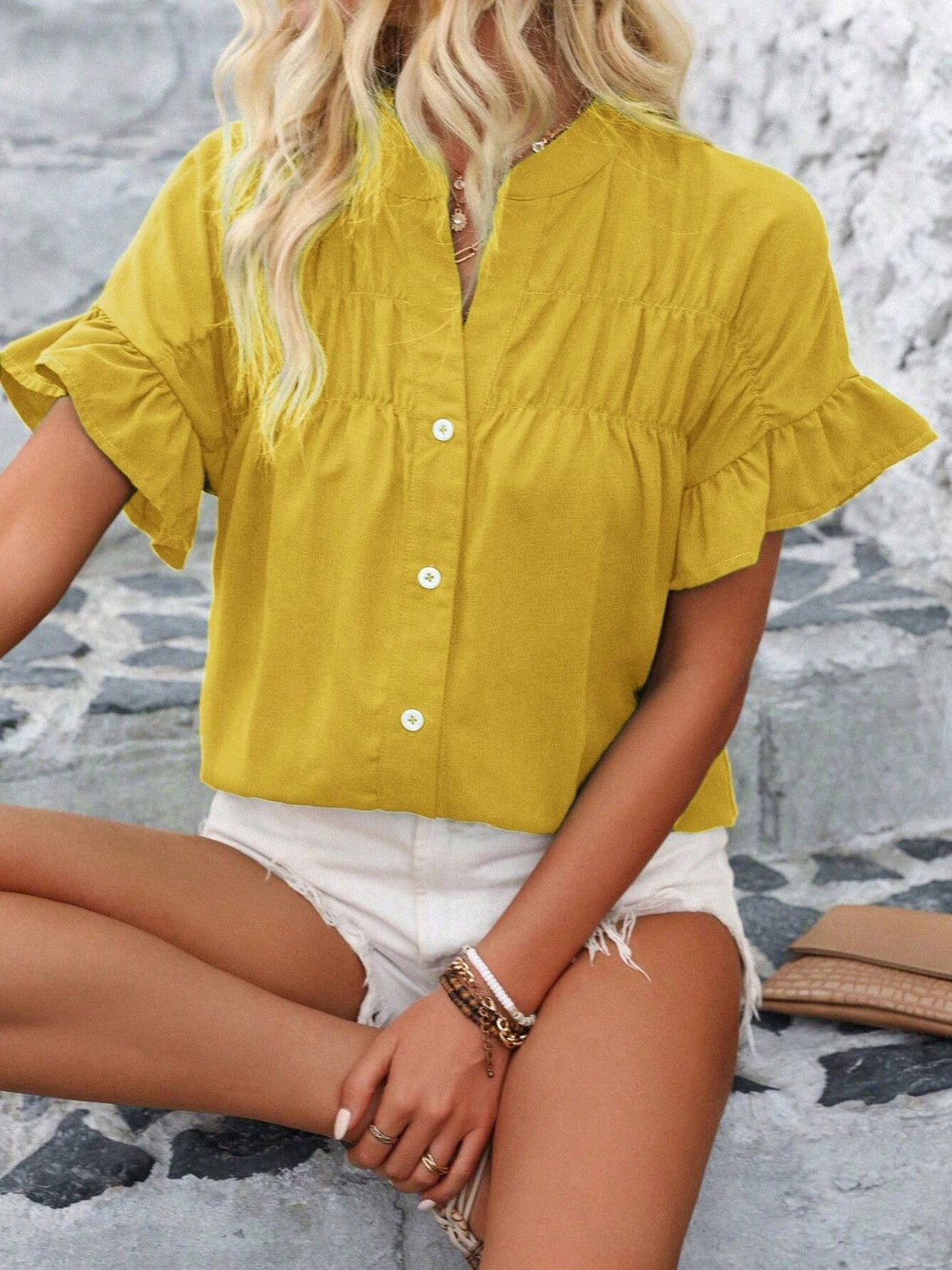 Button Down Ruffled Short Sleeve Shirt - Smart Shopper