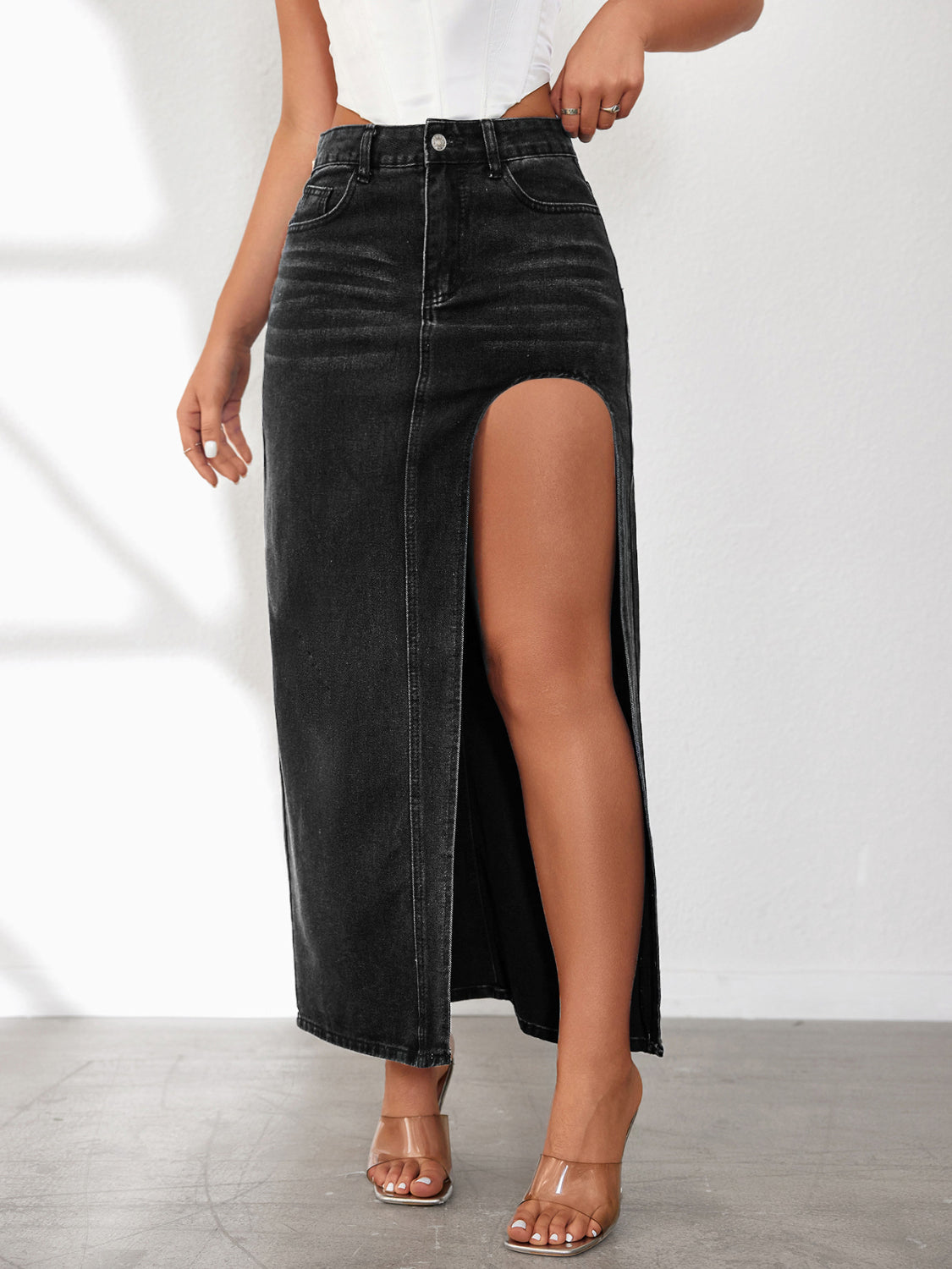 High Rise Slit Denim Skirt - Smart Shopper