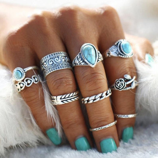 Artificial Turquoise Alloy Ring 10-Piece Set - Smart Shopper