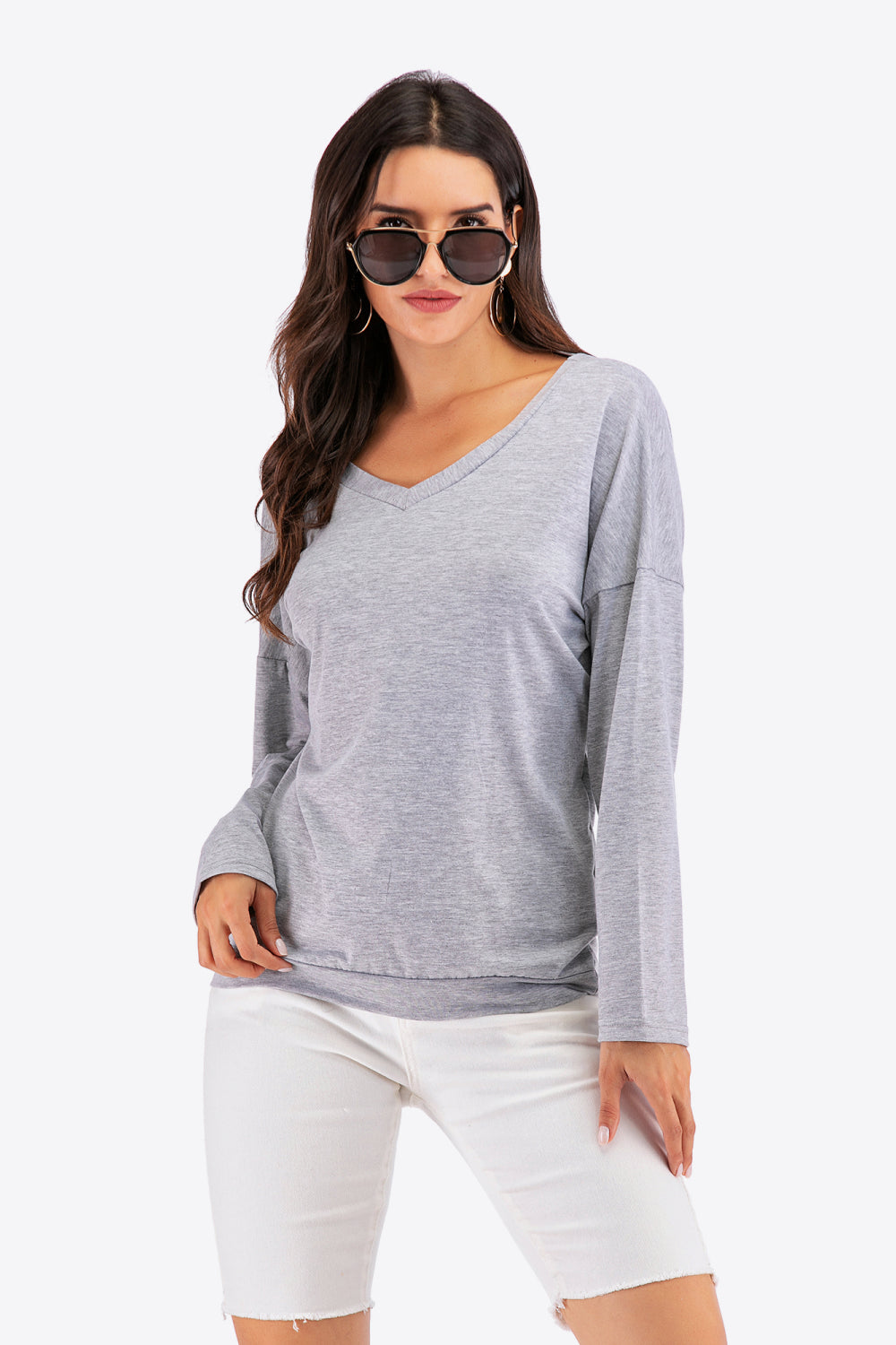 Perfee V-Neck Drop Shoulder Open Back Sweatshirt - Smart Shopper