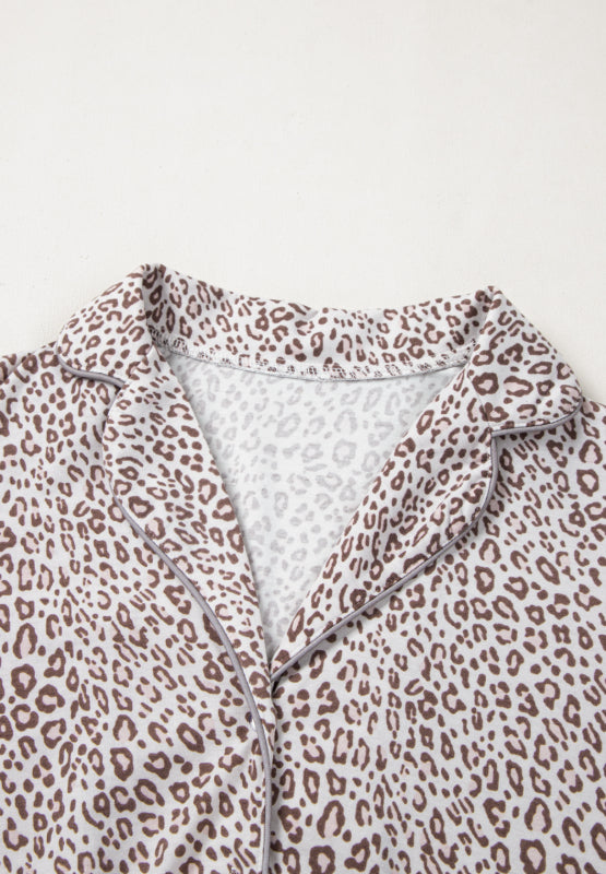 Leopard Button Down Long Sleeve Top and Pants Lounge Set - Smart Shopper