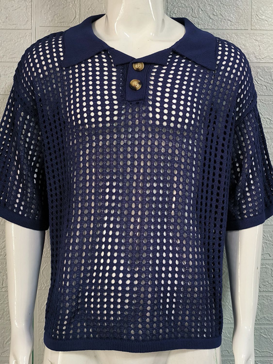 Men's Plus Size Openwork Collared Neck Quarter Button Knit Polo - Smart Shopper