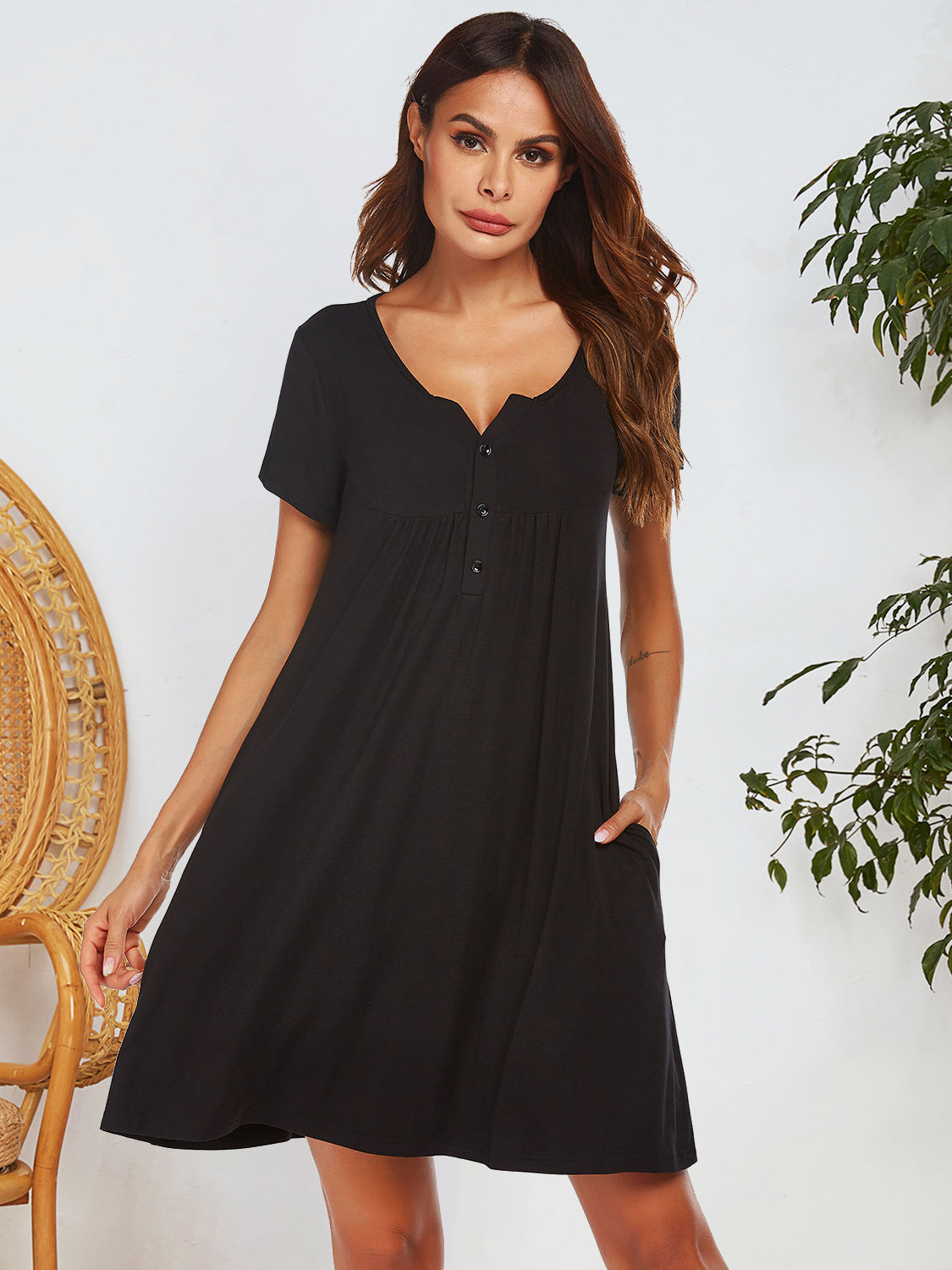 Notched Short Sleeve Mini Lounge Dress - Smart Shopper