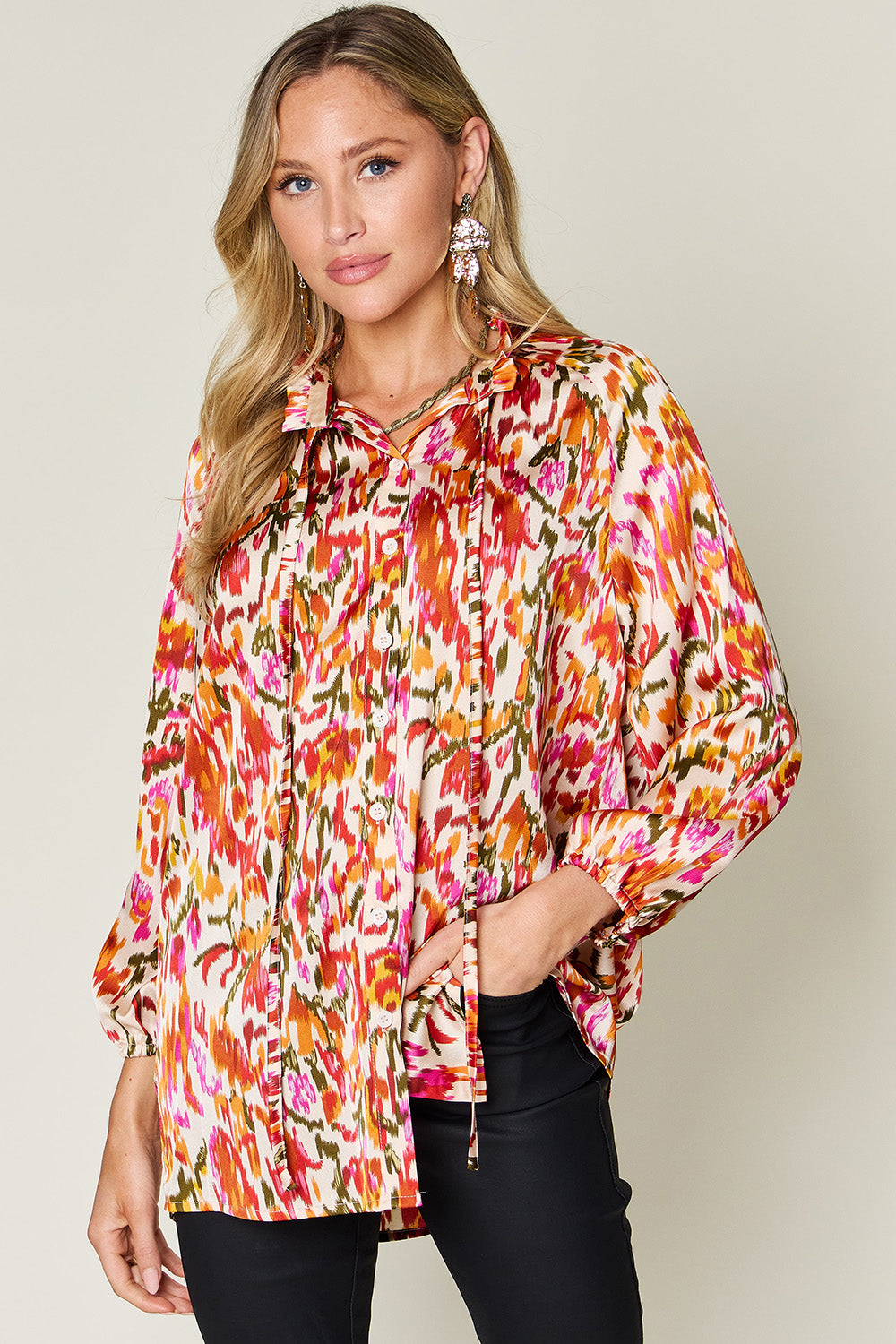 Double Take Full Size Printed Button Up Long Sleeve Shirt - Smart Shopper