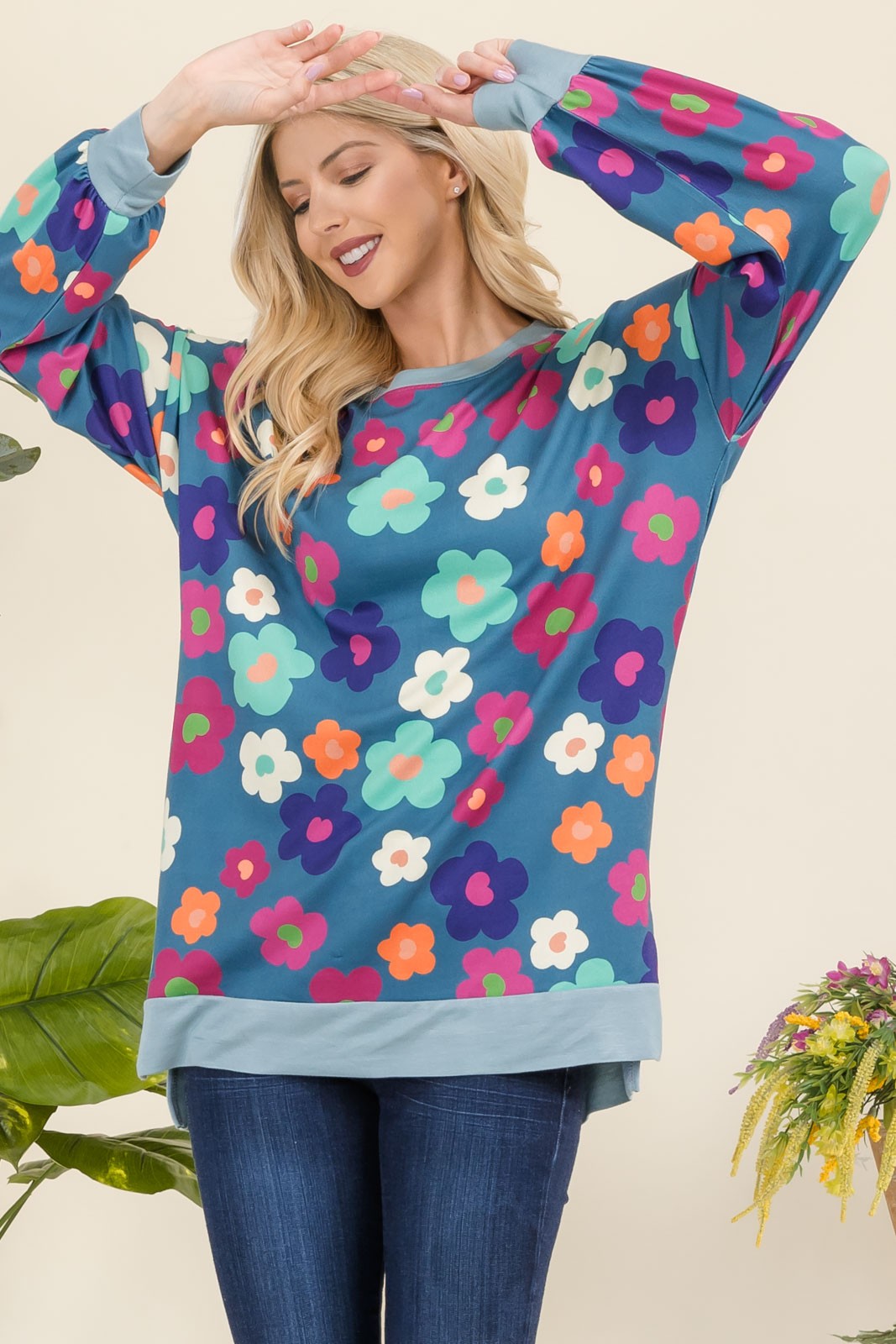 Celeste Full Size Side Slit Flower Print Long Sleeve Top - Smart Shopper