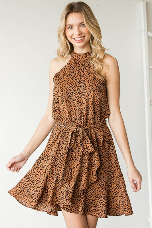 First Love Full Size Leopard Belted Sleeveless Dress - Smart Shopper