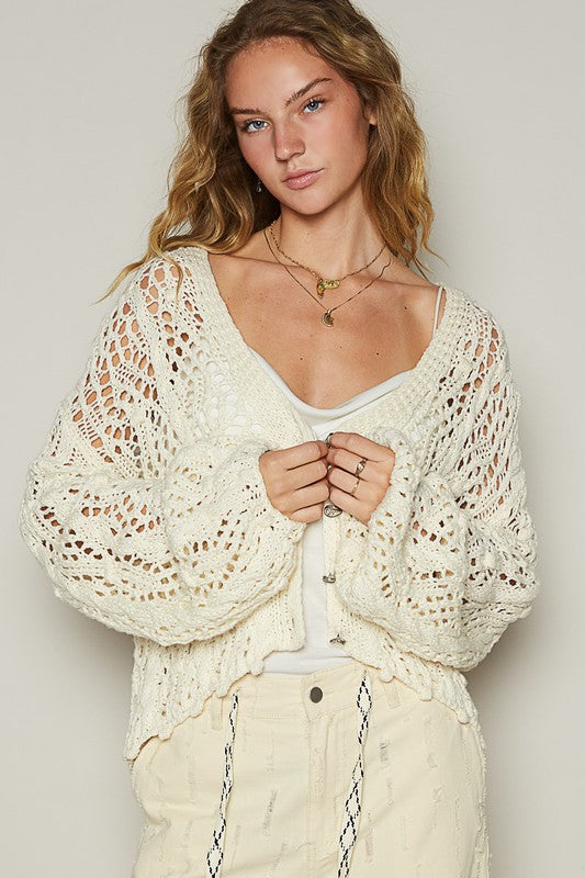 POL Cable-Knit Openwork V-Neck Button Up Cardigan - Smart Shopper